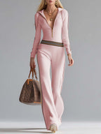 Retro Fashion Sports Hooded V-neck Front Zipper Off-white Knitted Jumpsuit
