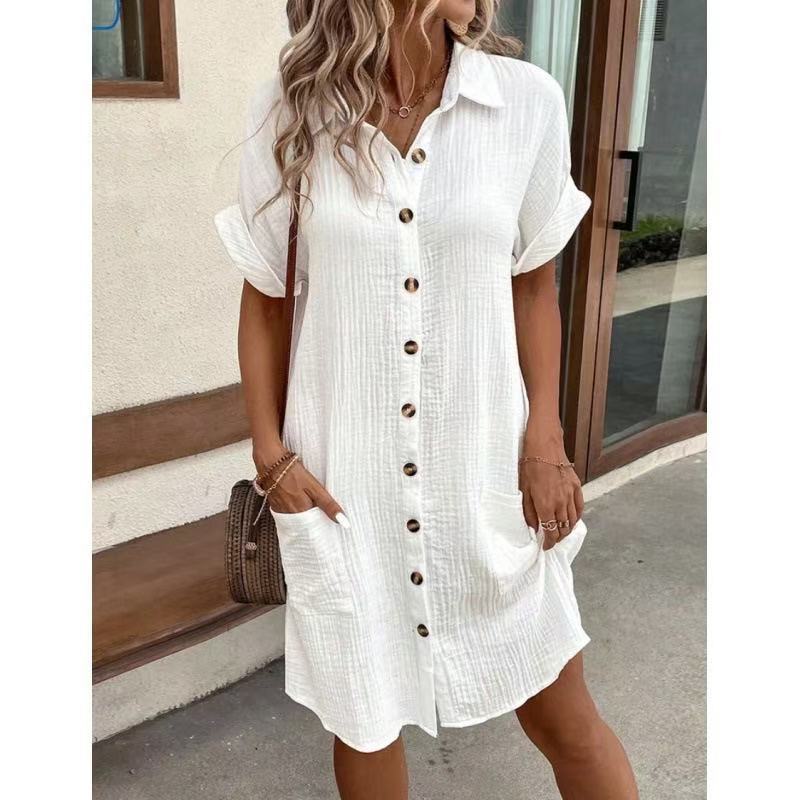 Women's Collared Short Sleeve Button‑Front Midi Shirt Dress