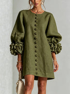 Blush Pink Fabric Floral Appliqué Balloon‑Sleeve Shift Mini Dress