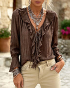 Ruffle Trim Tie-Up V-Neck Long Sleeve Blouse