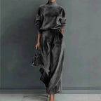 Stylish Velvet Turtleneck Long-sleeved Top and Casual Pocket Wide-leg Pants Set