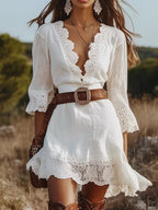Scalloped Lace V Neck 3/4 Flare Sleeve Mini Dress