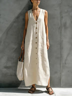 Womens Simple Cotton-Linen V-Neck Buttoned Sleeveless Loose Long Dress