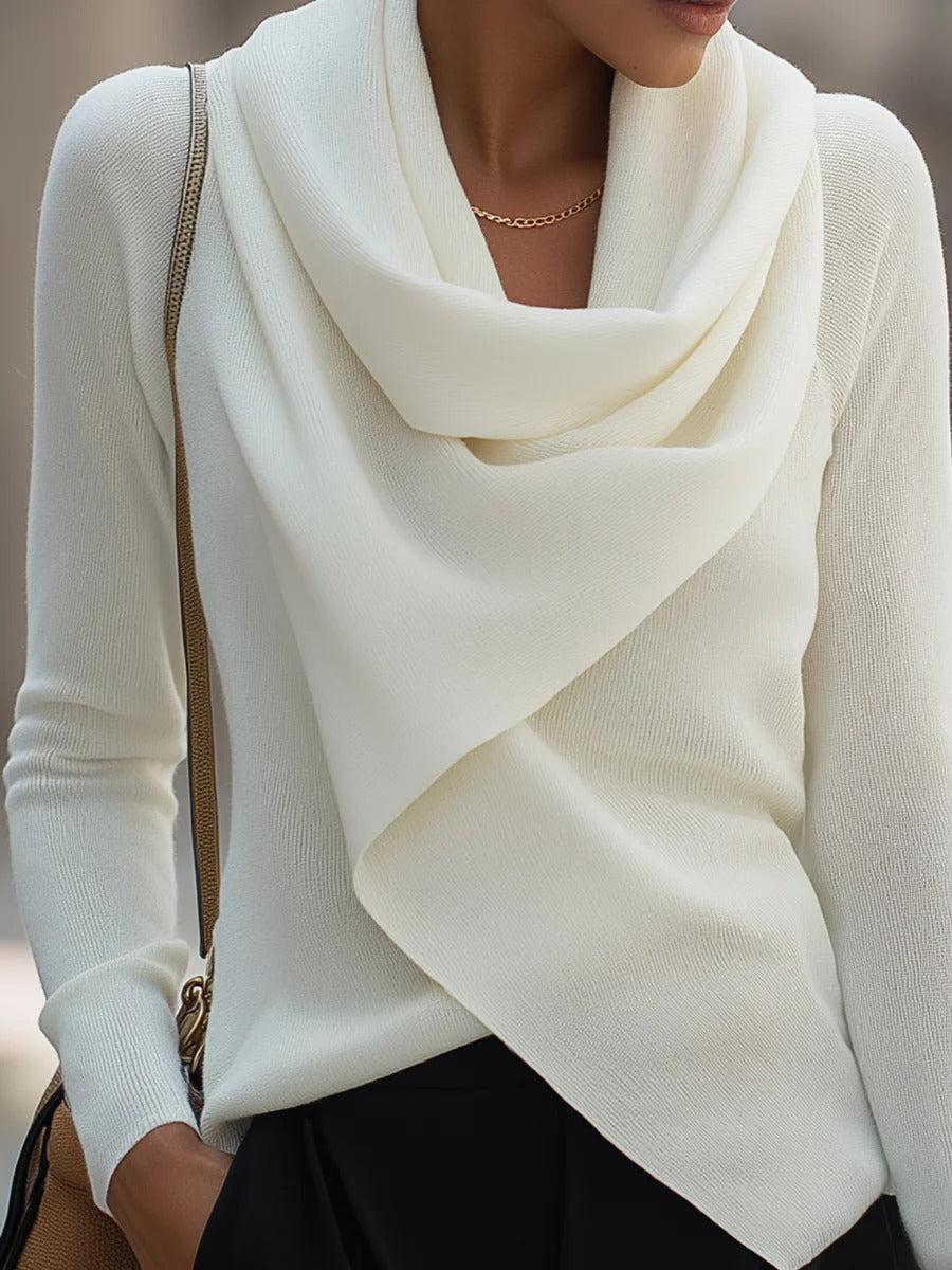 Floweary Cozy Mock Neck Long Sleeve White Plain Sweater