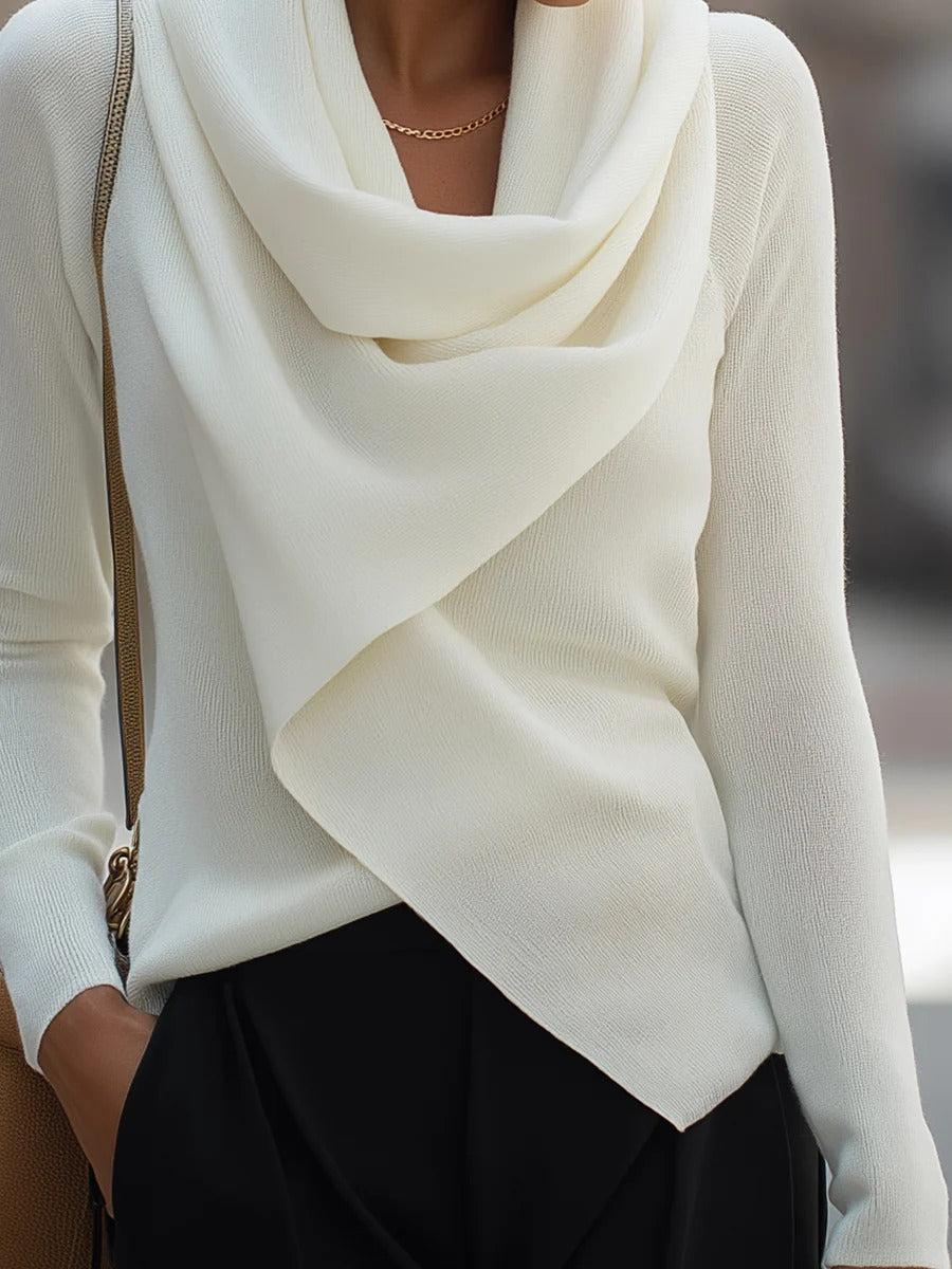 Floweary Cozy Mock Neck Long Sleeve White Plain Sweater