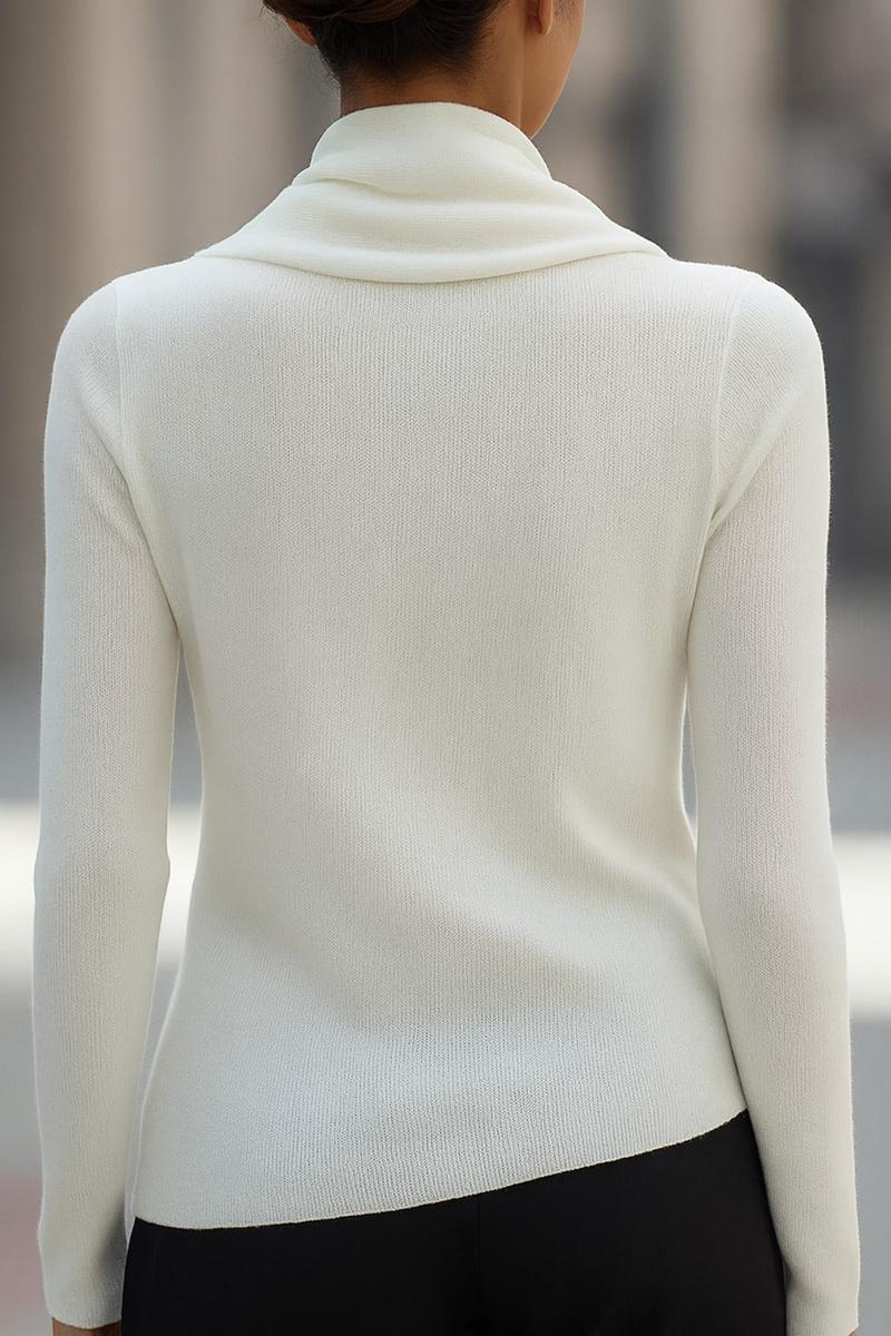 Floweary Cozy Mock Neck Long Sleeve White Plain Sweater