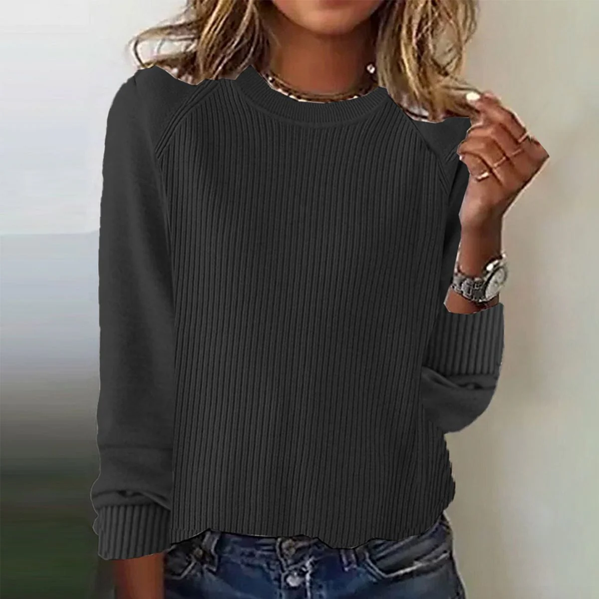 Floweary Simple Plain Round Neck Sweater