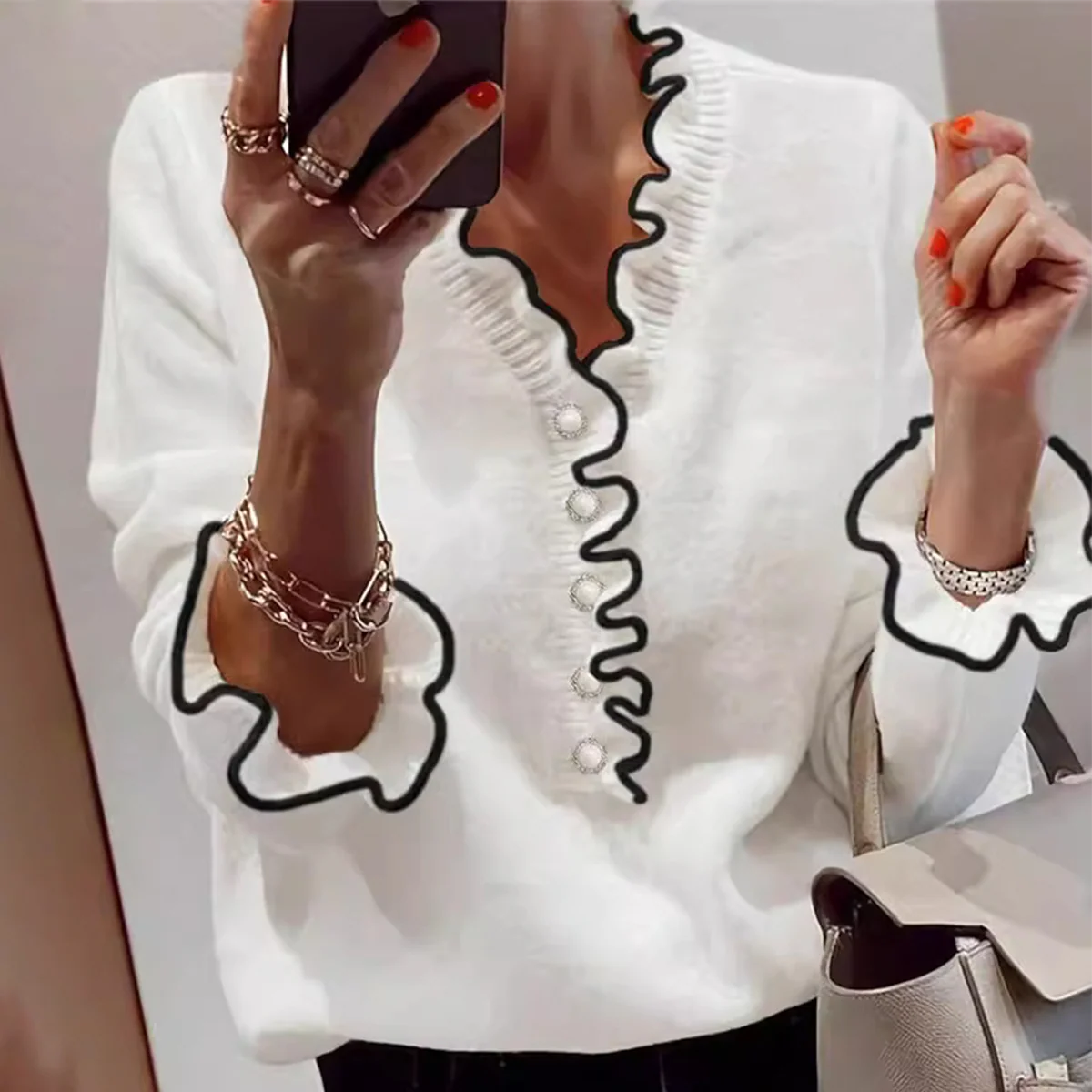 Floweary Unique Trim V-Neck Long Sleeve Sweater