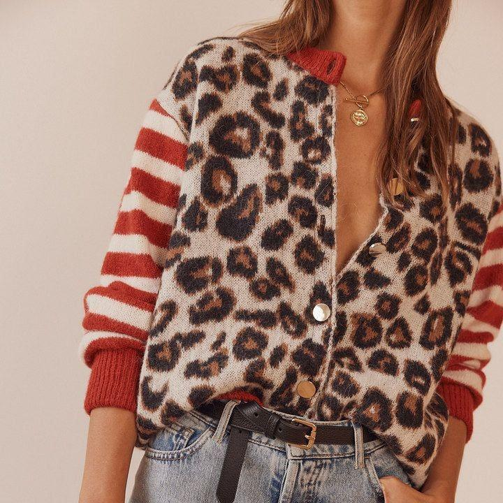 Floweary Unique Leopard Collarless Long Sleeve Cardigan