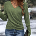 Floweary Green Plain V-Neck Long Sleeve Sweater