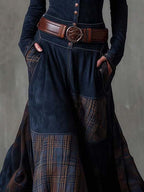 Vintage Patchwork Suede Maxi Dress With Plaid Panels