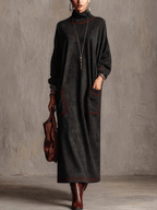 Black Faux Suede Maxi Dress With Red Contrast Stitching And Patch Pockets