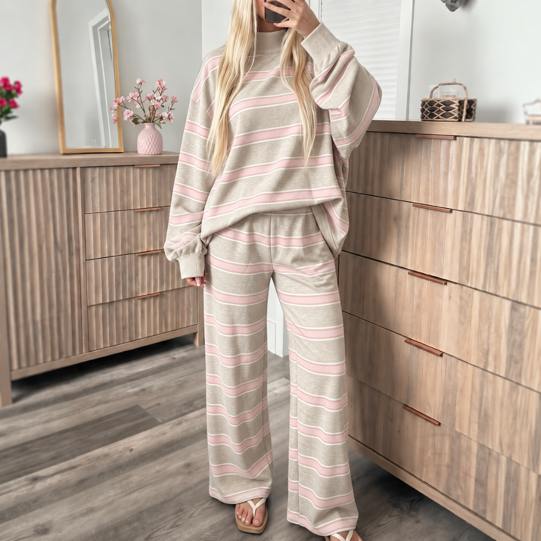 Striped Knit Lounge Set – Relaxed Crewneck Sweatshirt & Wide-Leg Pants