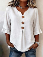 Linen Blend Notch V-Neck Ruffle Sleeve Blouse