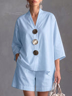 Women's Solid-color V-neck 3/4-sleeve Casual Loose Cotton-linen Top & High-waisted Wide-leg Shorts Set