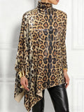 Leopard Sequin Turtleneck Asymmetric Draped Long Sleeve Loose Blouse Top