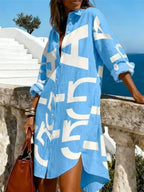 Color-Block Letter Print Loose Long-Sleeve Dress