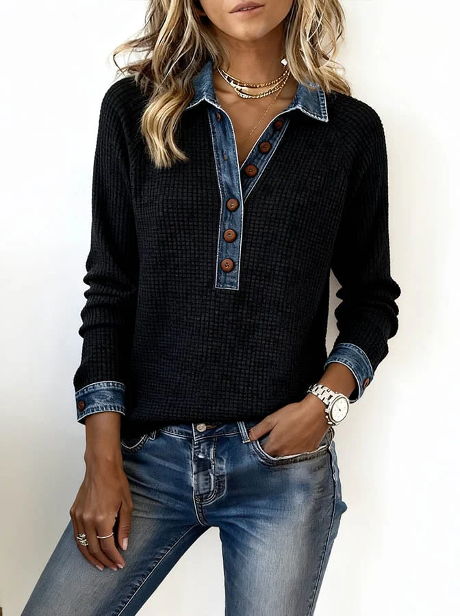 Floweary Cool Long Sleeve Denim Collar Button Front Top