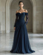 Navy Blue Chiffon Off-shoulder Long Sleeve Maxi Dress