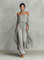 Women's Grey Breathable Chiffon Maxi Dress With Cold-Shoulder Detail & Flared Silhouette