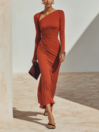 Women's Solid Rust-Red Asymmetric Ruched Long-Sleeve Maxi Dress
