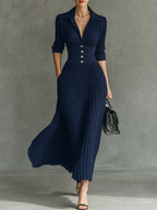 Women's Elegant Button-Front Collared Pleated Knit Dress