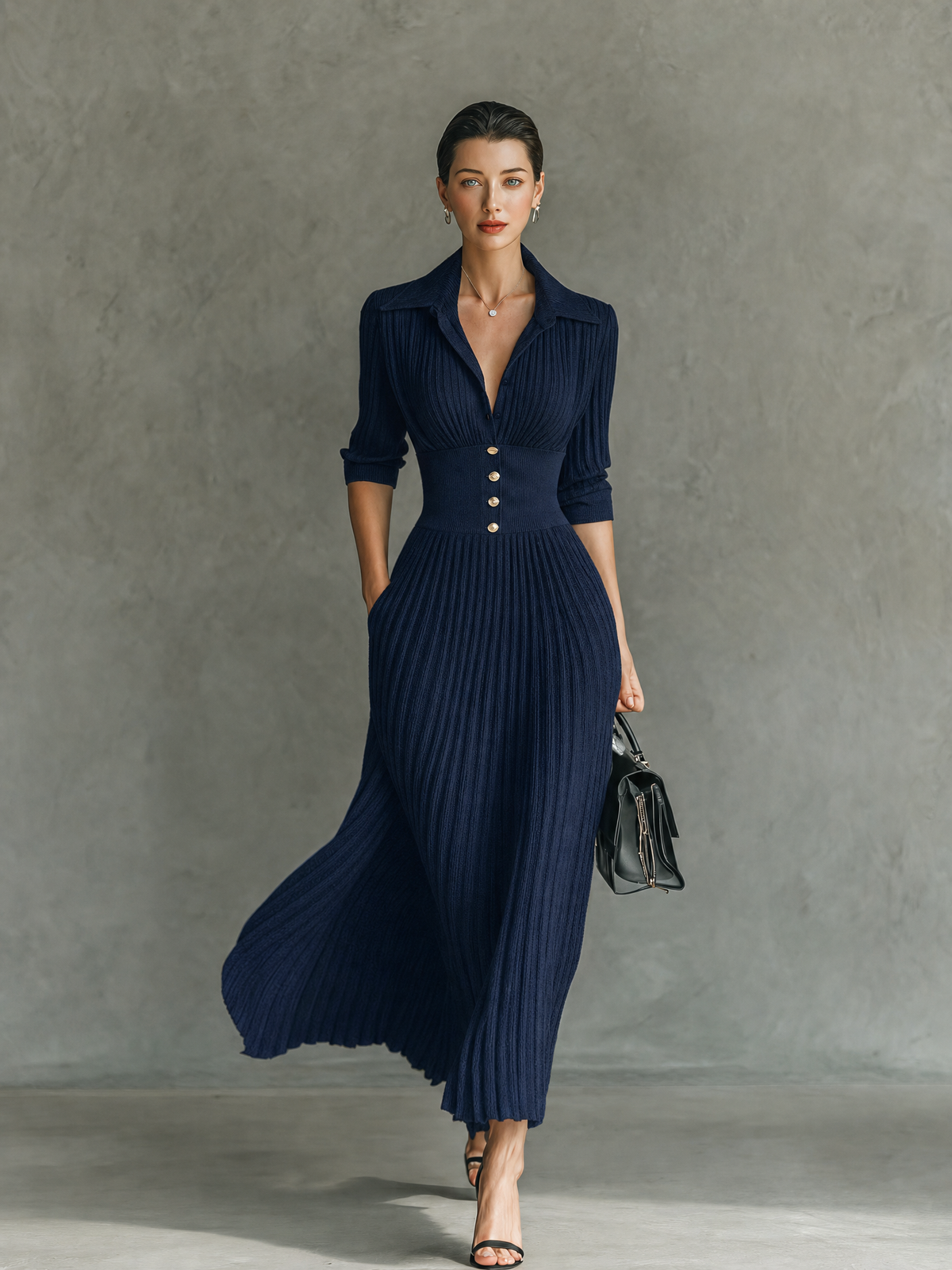 Women's Elegant Button-Front Collared Pleated Knit Dress