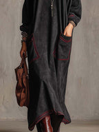 Black Faux Suede Maxi Dress With Red Contrast Stitching And Patch Pockets