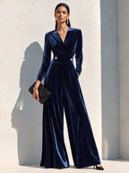 Women's Affordable Luxury Velvet Wide-Leg Jumpsuit With Defined Waist