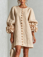 Blush Pink Fabric Floral Appliqué Balloon‑Sleeve Shift Mini Dress