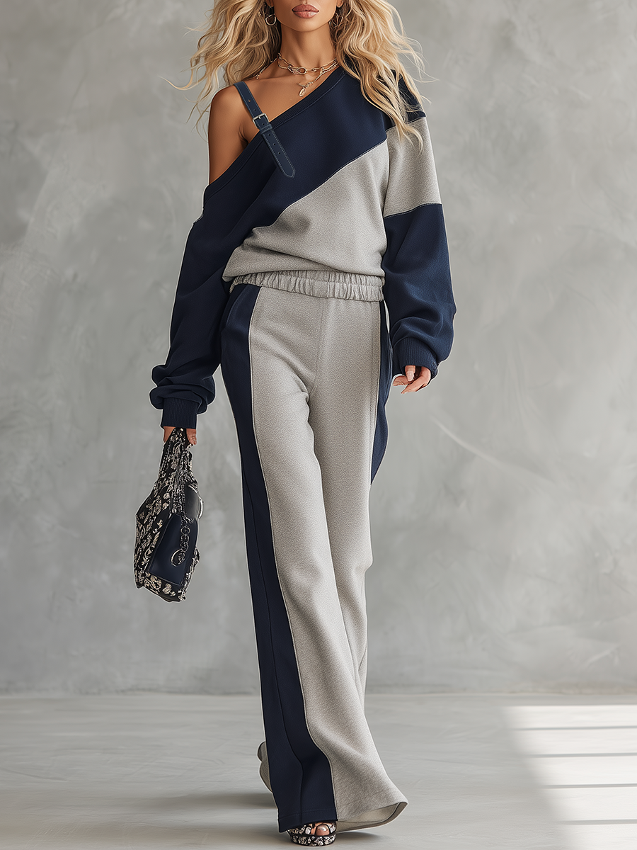 casual-sportswear-patchwork-one-shoulder-sweatshirt-and-sweatpants-set - Oyrosy