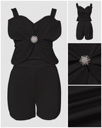 2 Pieces Outfit 3D Flower Decor Sweetheart Neck Thick Straps Shirred Back Crop Top and Casual Elastic Back Waist Shorts Set