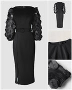 3D Polka Dot Appliques Mesh Lantern Sleeve Zipper Back Slit Work Dress Cinched Waist Slim Fit Mid Length Dress With Belt