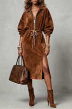 Women's Suede Lapel Half Zip Drawstring Waist Long Sleeve Midi Dress With Side Slit