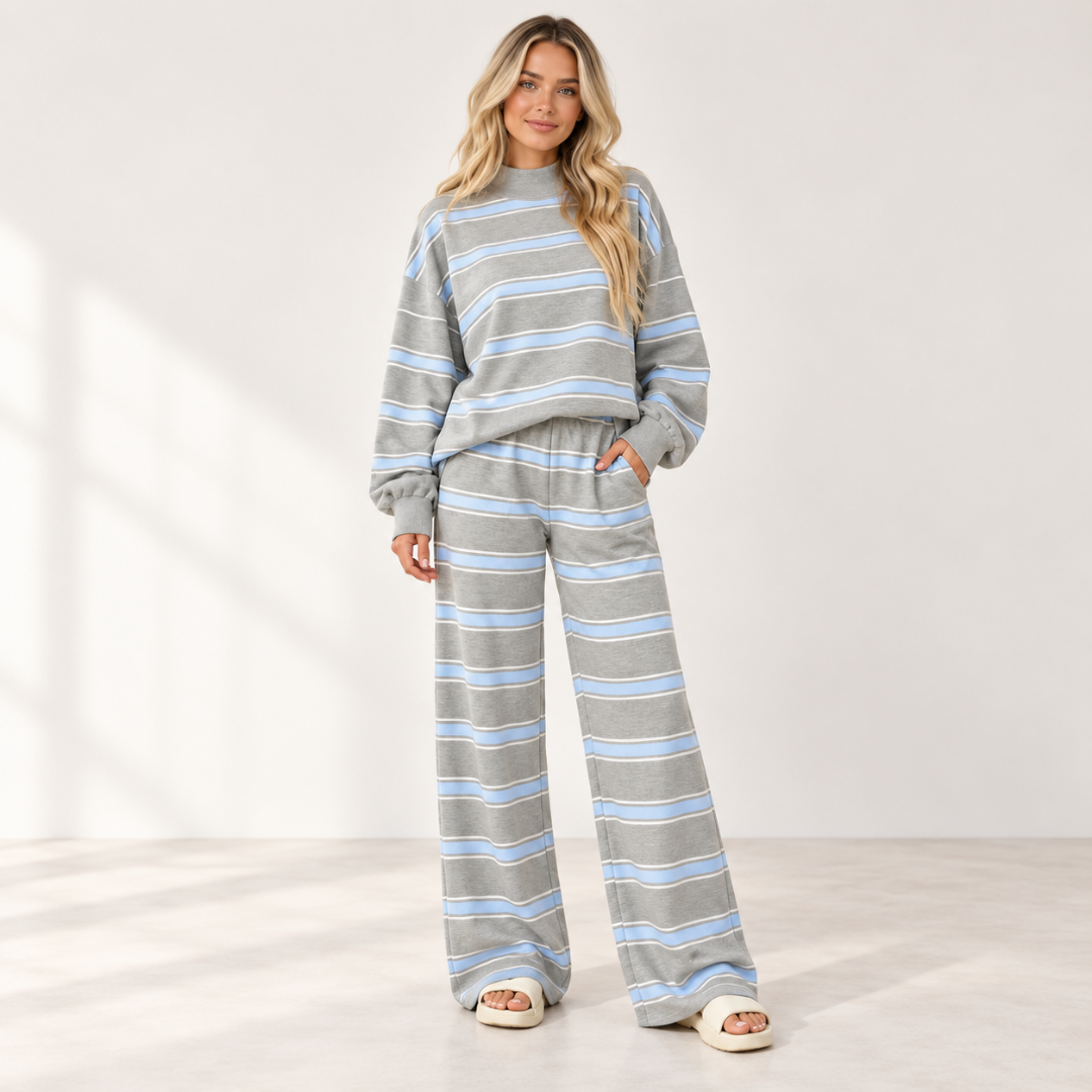 Striped Knit Lounge Set – Relaxed Crewneck Sweatshirt & Wide-Leg Pants