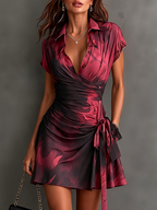 Collared Wrap Tie Side Printed Mini Dress