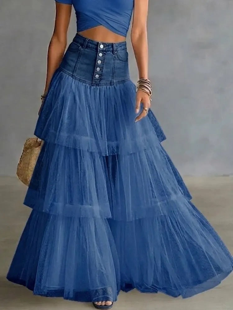 High Waist Button‑Front Denim Patchwork Tiered Tulle Maxi Skirt