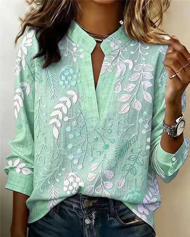 Women's Floral Print Notch Collar Long Sleeve Blouse
