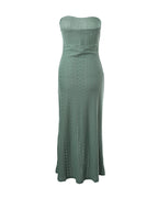Sleeveless Ruched Cinched Waist Draped Bandeau Dress Eyelet Embroidery Slit Asymmetrical Hem Vacation Dress