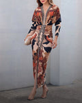 Vintage Baroque Deep V Neck Long Sleeve Slit Bodycon Dress Ruched Slim Fit Vacation Dress