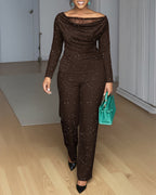 2 Pieces Outfit Cowl Neck Lace Spliced Long Sleeve Top and Elastic Waist Wide Leg Pants Set Casual Glitter Set