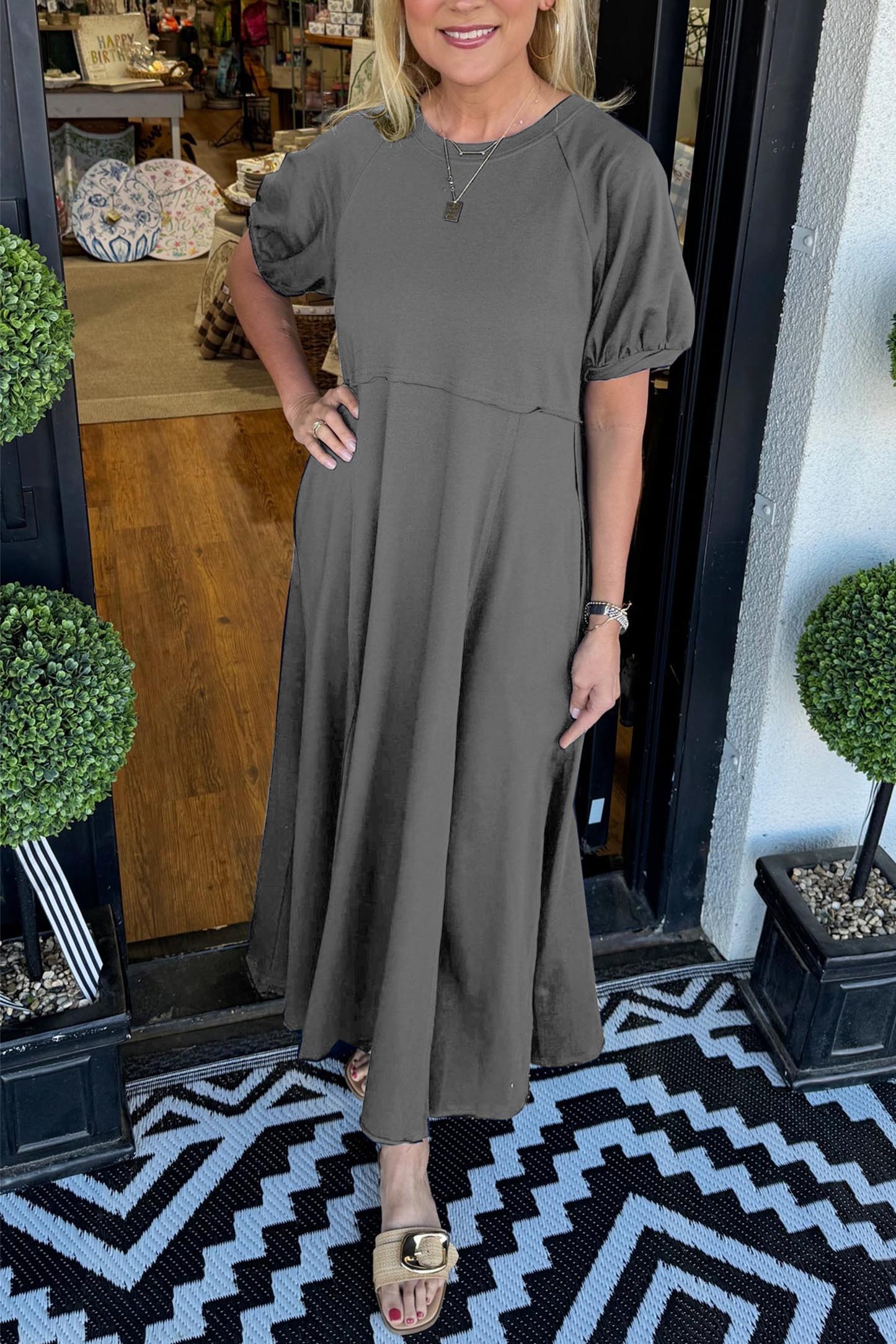 🔥Women's Solid Color Puff Sleeve Round Neck Long Dress（Buy 2 Free Shipping）