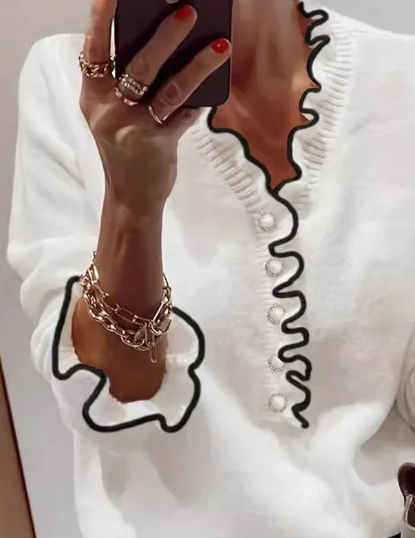 Floweary Unique Trim V-Neck Long Sleeve Sweater
