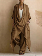 Casual Bohemian Style Suit Consists Of Two Pieces, A Long Linen Cotton Top And Trousers