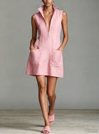 Linen Stand Collar Half Zip Sleeveless Pocket Mini Shift Dress
