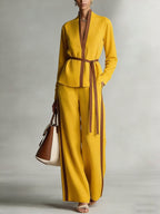 Women's Stand Collar Long Sleeve Casual Loose Top High Waist Casual Loose Wide Leg Pants Cotton Linen Set