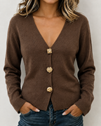V‑Neck Decorative Gold Button Long Sleeve Knit Cardigan