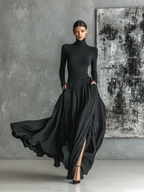 Women's Fashion All Black Skinny Turtleneck T-shirt Pleated Skirt Set
