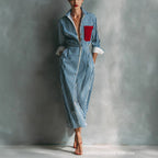 Women's Blue And White Cotton Blend Striped Shirt Dress With Red Chest Pocket