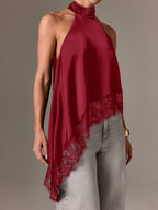 Satin Halter Asymmetrical Lace Hem Cami Top